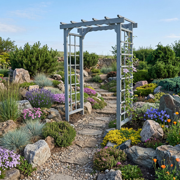 Morgan cedar arbor with gray stain pictured in rock garden