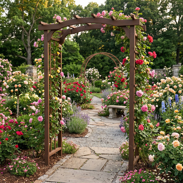 Amish crafted Madison cedar arbor pictured in rose garden