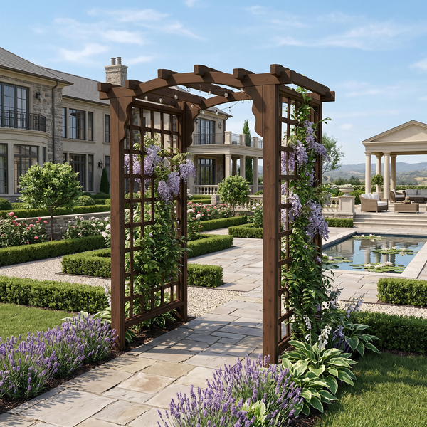 Cambridge 4 foot cedar arbor pictured in upscale home backyard.