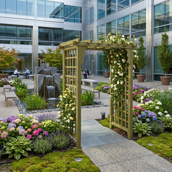 Amish built 5 foot Lexington cedar arbor pictured in a corporate center courtyard, finished in linden leaf stain
