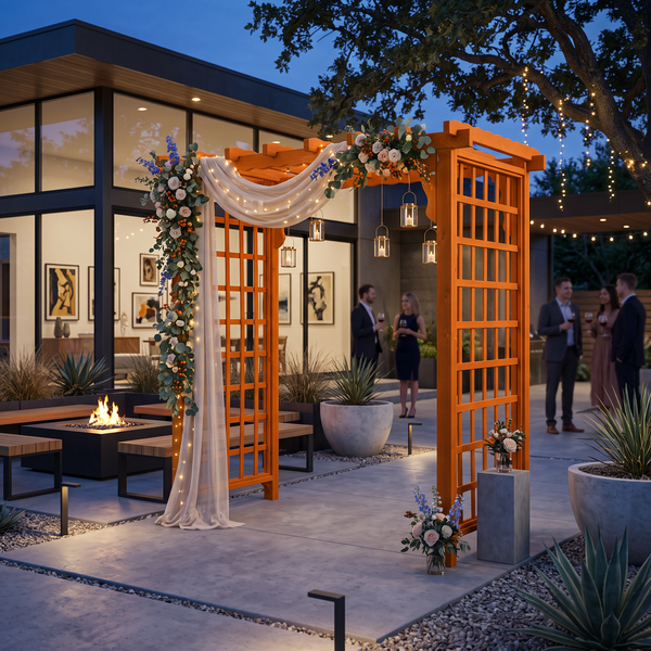 Amish built 6 foot Lexington cedar arbor pictured in a  courtyard, finished in redwood stain