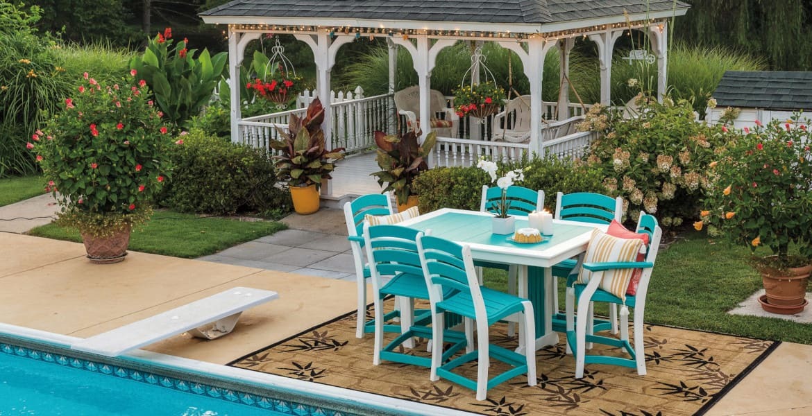 Blue and white poly outdoor counter height dining furniture poolside