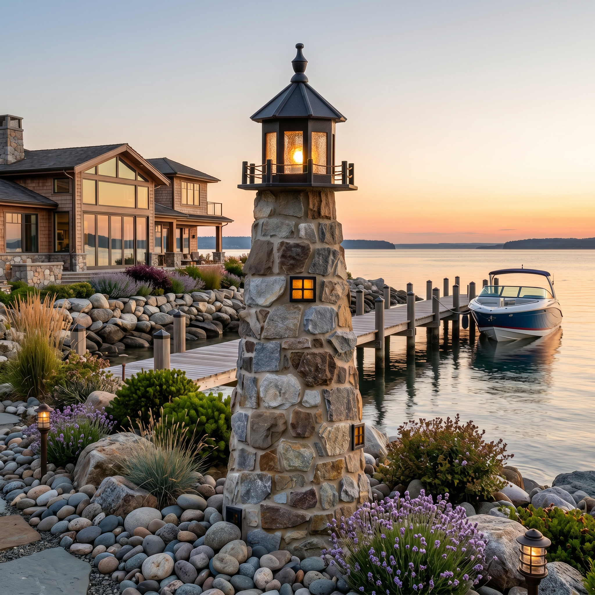Stone Amish crafted garden lighthouse sitting along waterfront at upscale home with boat in background