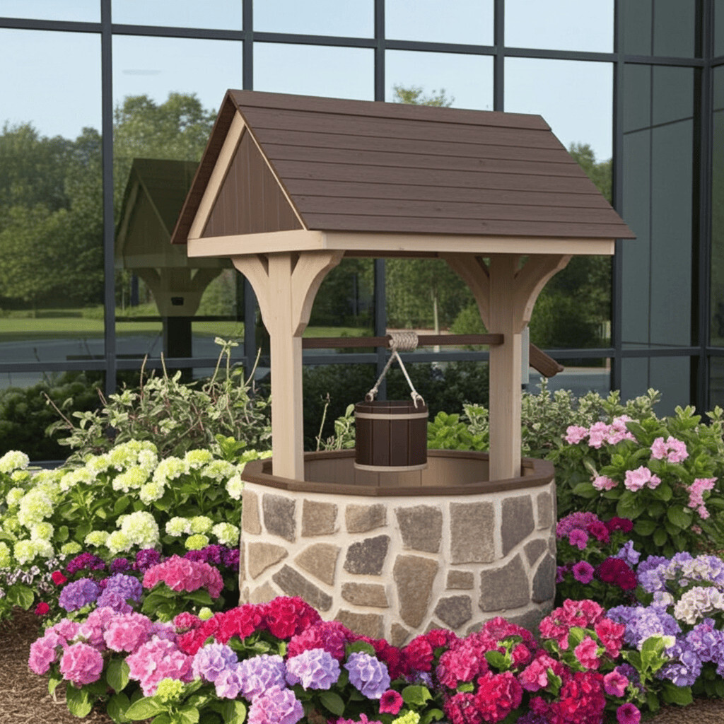 Amish crafted stone wishing well in flower bed at corporate headquarters