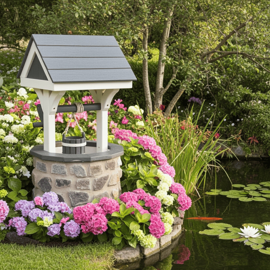 Amish made stone wishing well in flower bed beside koi pond