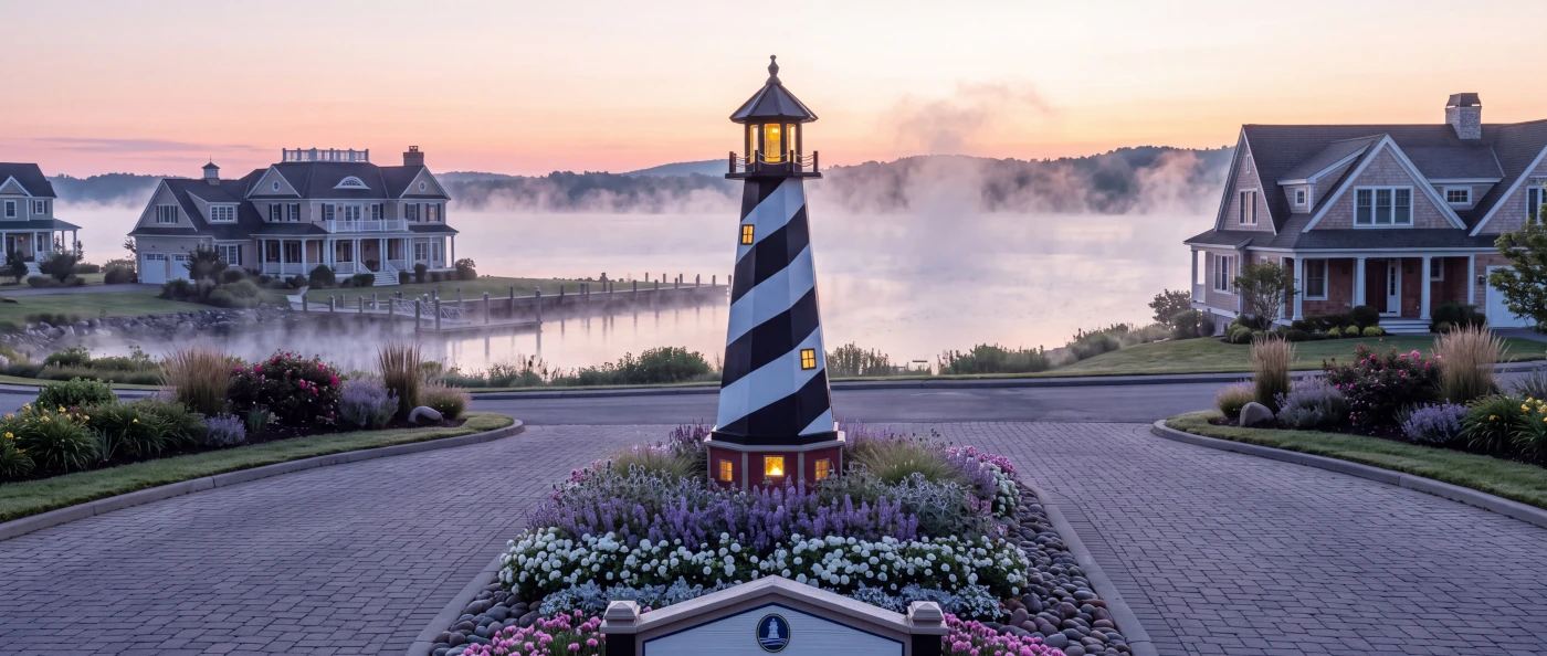 Azek PVC Cape Hatteras replica garden lighthouse on waterfront patio.
