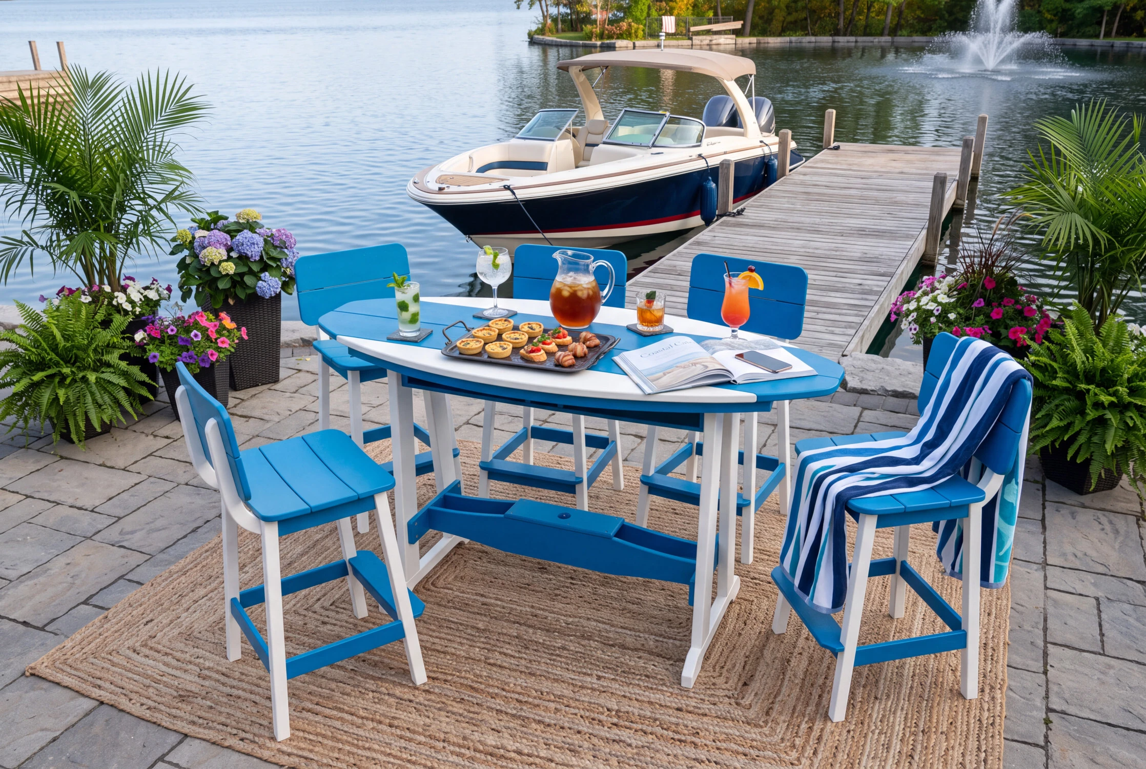 Amish made in the USA poly outdoor patio table and bar stools on waterfront patio.