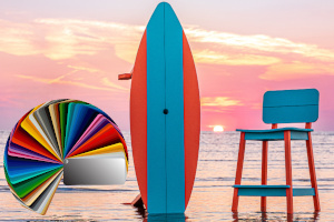 Poly furniture and color chart with ocean background