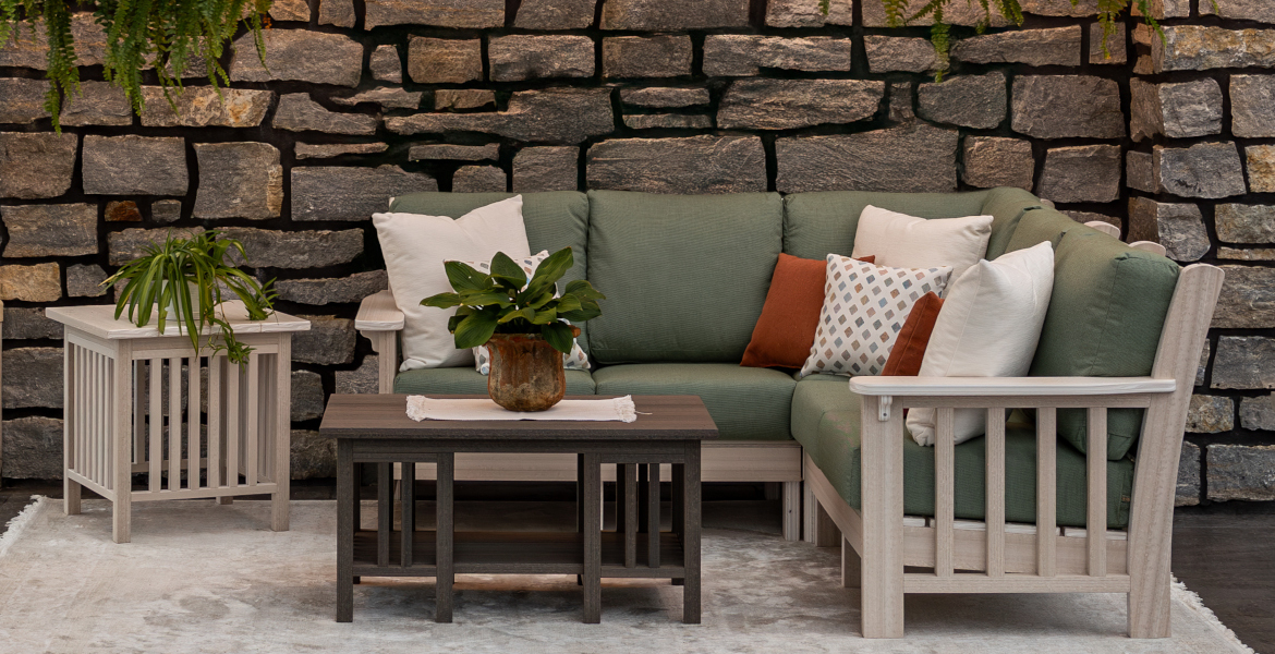 Amish made poly patio set on stone patio, outdoor sofa, love seat.