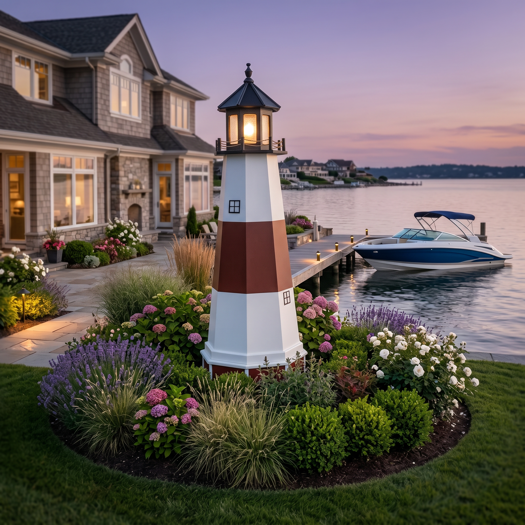 * foot poly garden lighthouse with gazebo and lake in background during fall