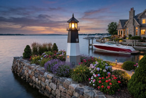 Oak Island style poly garden lighthouse on waterfront of upscale home