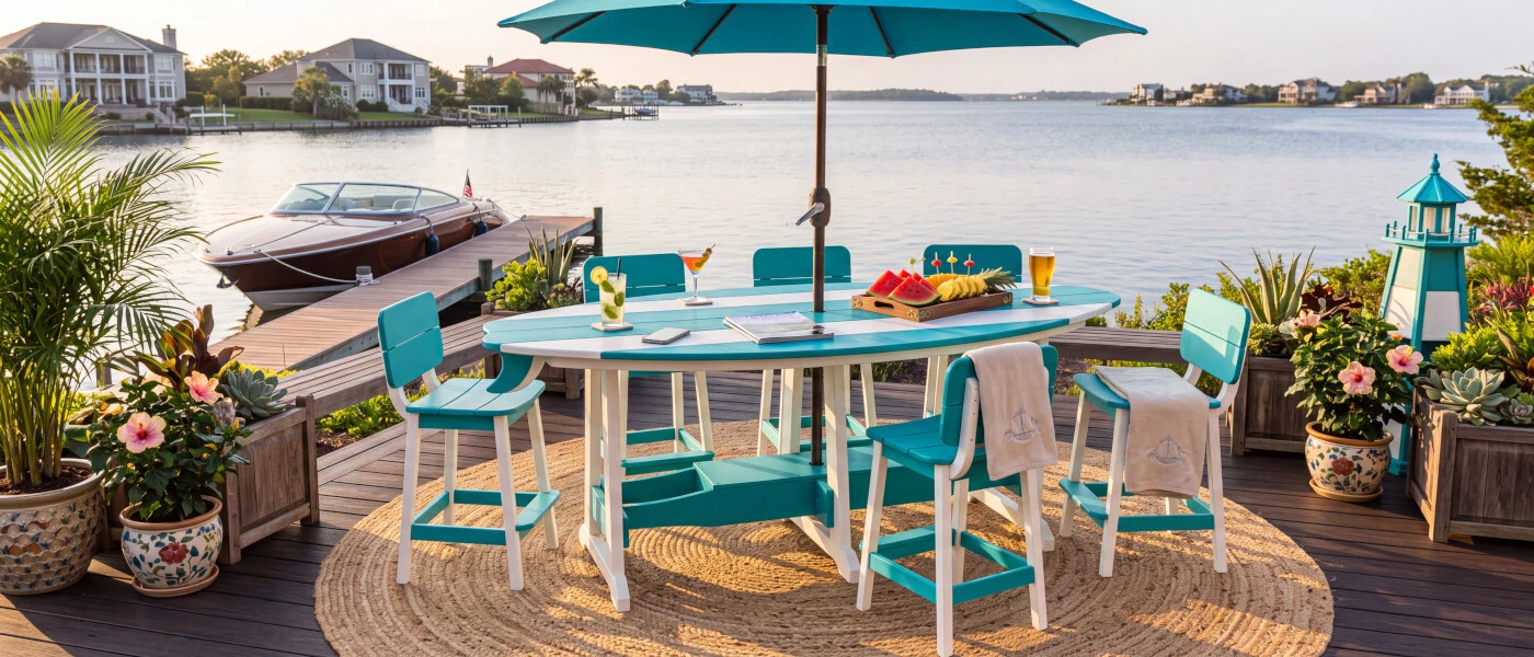 Amish made in the USA poly surf style bar table and stools on waterfront patio