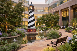 PVC Azek Cape Hatteras style garden lighthouse in corporate center courtyard