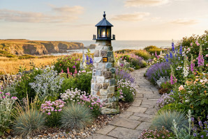 Amish handcrafted stone lighthouse in a coastal flower garden.