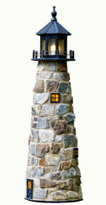 Florida stone garden lighthouse in gray and stone with black top.