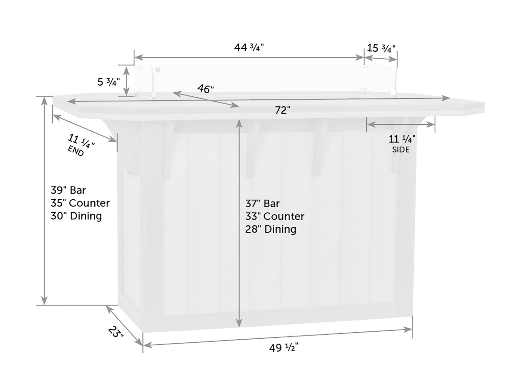 SummerSide poly fire table dimensions diagram