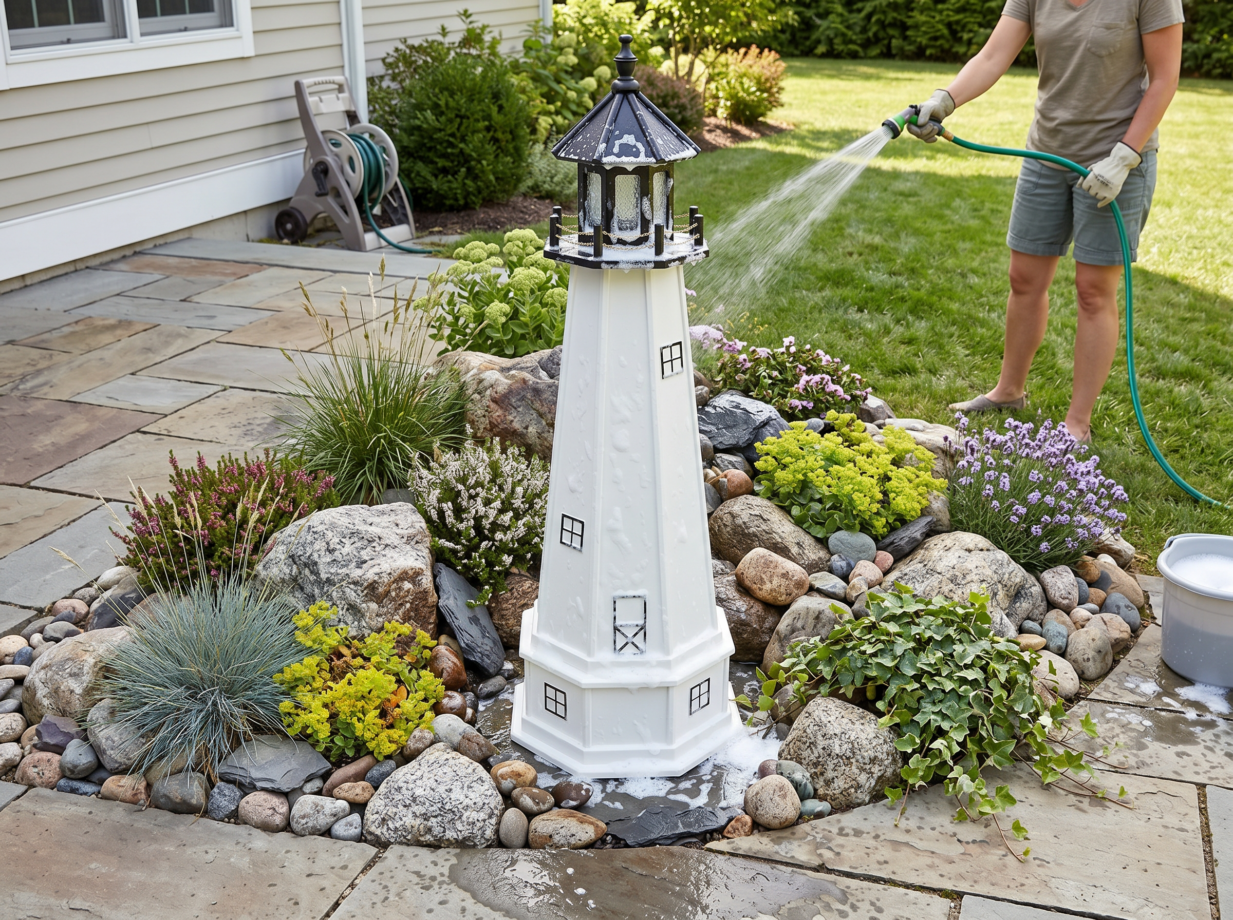Washing a garden lighthouse