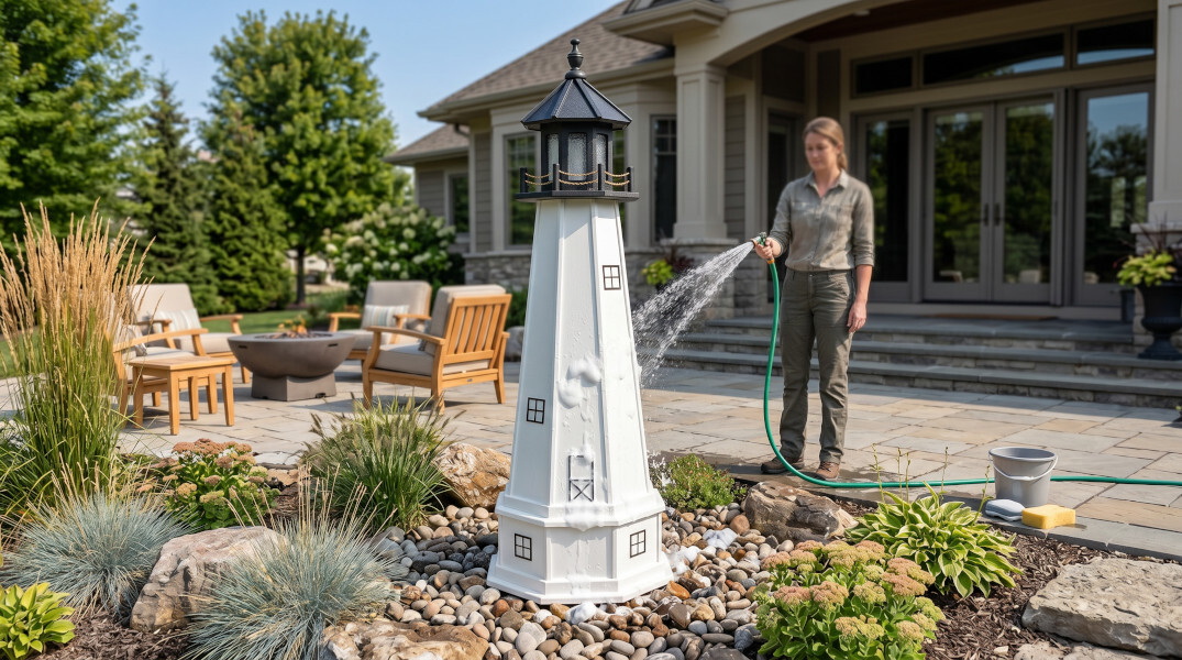 washing a wood garden lighthouse