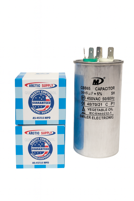 The AS-35/7.5X440 dual run capacitor delivers reliable power to both the compressor (35 MFD) and fan motor (7.5 MFD) in your HVAC system. Built with heavy-duty aluminum housing and designed for long-lasting performance, this 440V round capacitor ensures stable operation and efficiency in residential and commercial applications.