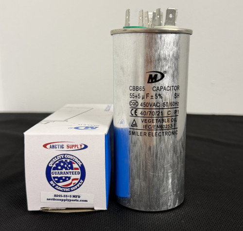 The AS-55/5X440R is a premium dual run capacitor designed for superior performance and long-lasting reliability in HVAC systems. With a capacitance rating of 55+5 MFD microfarads (MFD) and a 440-volt capacity, it provides steady power to both the compressor and fan motor, optimizing your air conditioner or heat pump’s efficiency.