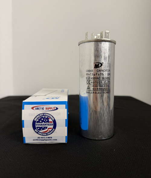 The AS-60/7.5X440R is a premium dual run capacitor designed for superior performance and long-lasting reliability in HVAC systems. With a capacitance rating of 60+7.5 MFD microfarads (MFD) and a 440-volt capacity, it provides steady power to both the compressor and fan motor, optimizing your air conditioner or heat pump’s efficiency.