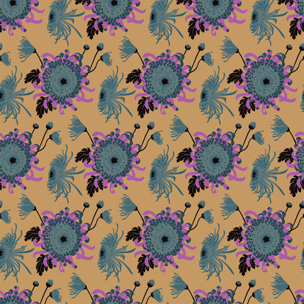 Chrysanthemum Floral Fabric Design (Peanut Sauce - Blue Lilac Tan colorway)