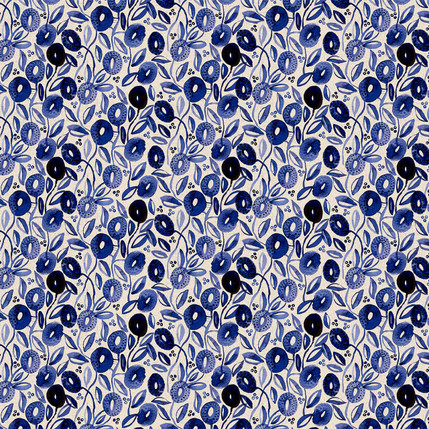 Blueberry Bloom Fabric Design (Vintage Cream & Blue colorway)