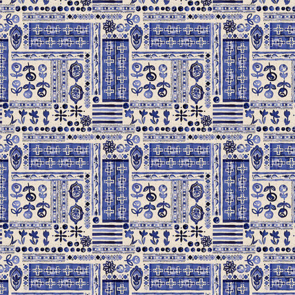 Ancient Berry Tiles Fabric Design (Vintage Cream and Blue colorway)