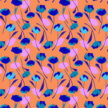 Tossed Poppies Fabric Design (Pink Blue Orange colorway)