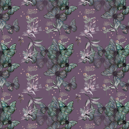 Butterfly Reverie Meadow Fabric Design in Muted Purple colorway