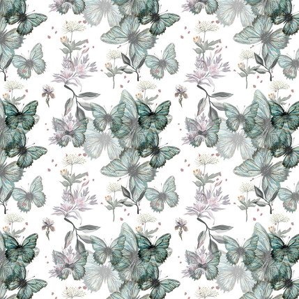 Butterfly Reverie Meadow Fabric Design in White colorway