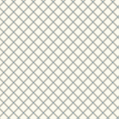 Overpass Mini geometric fabric in Stream with a small-scale diamond lattice pattern, ivory background, soft gray linework, and blue accent intersections.