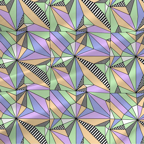 Fractal geometric fabric with faceted pastel shapes, sharp black linework, and striped accents in a modern angular repeat.