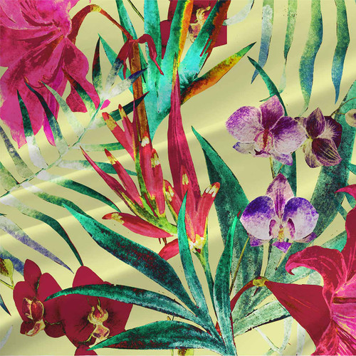 La Paz tropical floral fabric with watercolor orchids, palm leaves, magenta blooms, teal foliage, and purple accents on a soft yellow background.