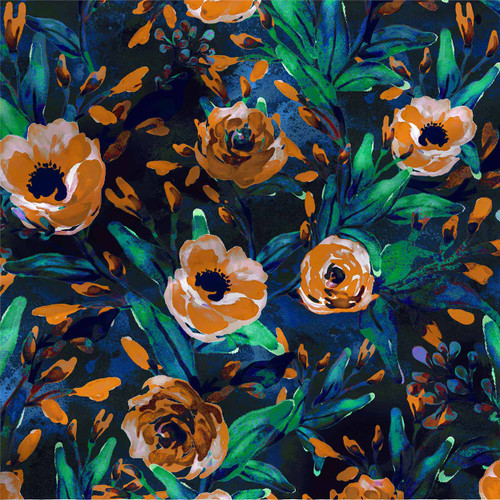 Rae painterly floral fabric with orange blooms, bright green foliage, and a dark navy background.