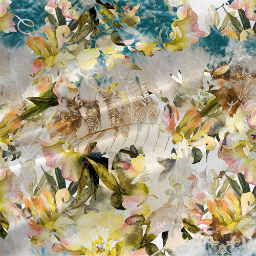 Wonder Original floral fabric with layered watercolor flowers, soft foliage, teal accents, blush pink, yellow, olive, and airy botanical texture.