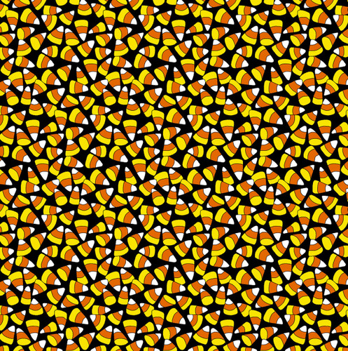 Candy Corn Halloween novelty fabric with yellow, orange, and white candy corn on a black background.