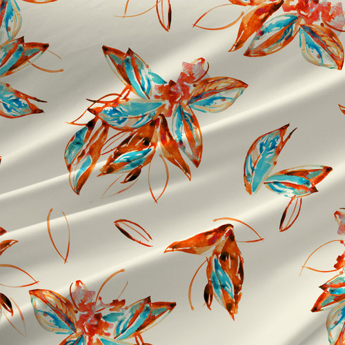Philodendron – Red – watercolor botanical fabric by the yard with red-orange and teal tropical leaves