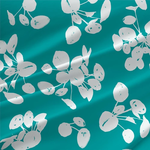 Pilea – Teal – botanical fabric by the yard with white leaf silhouettes on teal