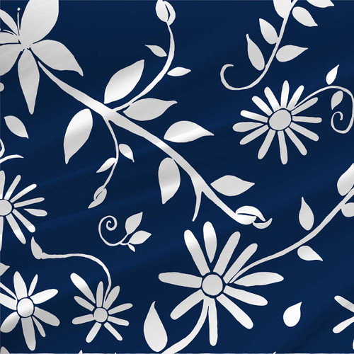 Trellis Reverse – Ink – floral vine fabric by the yard with white daisy silhouettes and leafy stems on a deep navy ground