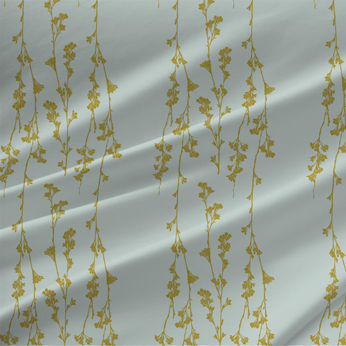 Cherry Dessert – Misty Blue – botanical stripe fabric by the yard with golden trailing vine motifs on a soft misty blue ground