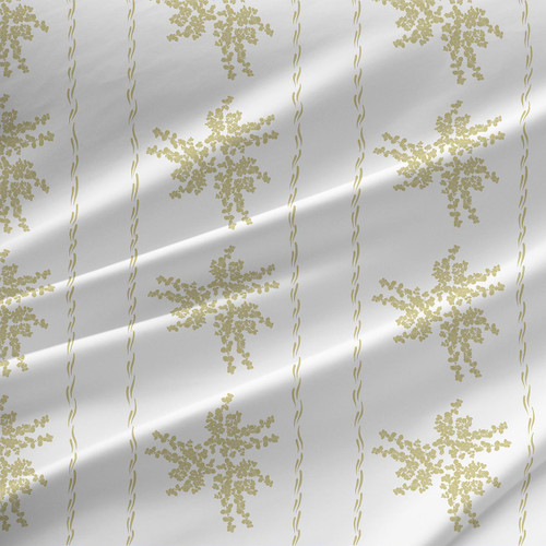 Puzzles & Paints – Natural – botanical stripe fabric by the yard with olive floral motifs on a light natural ground
