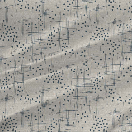 Wind – Grey – abstract dot fabric by the yard with blue-grey dots and sketch-like linework on a soft grey ground
