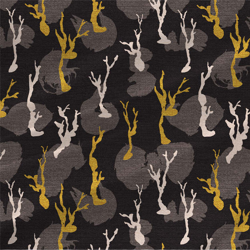 Lonely Trees – Black – abstract botanical fabric by the yard with black, charcoal, ivory, and golden tree silhouettes