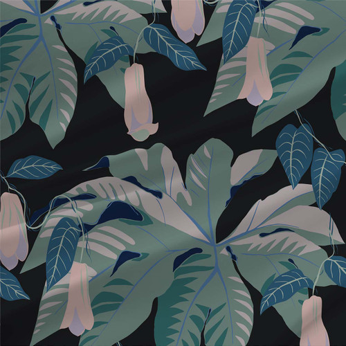 Tetrapanax – Retro Blues – Tropical leaf fabric by the yard in muted blue, sage, blush, and navy