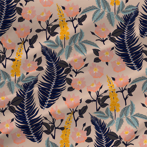 Oregon Mahonia Midday botanical floral fabric by the yard in blush, peach, navy, slate blue, and gold