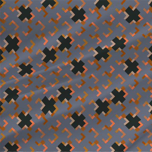 Equis Tundra abstract geometric fabric in dark green, rust, coral, tan, and blush on slate gray