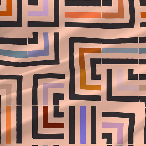 Glyph Salt abstract geometric maze fabric in charcoal, rust, lavender, and blue-gray on pale peach