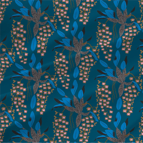 Orchid Andes crane and tropical floral fabric in cobalt blue, pink, and ochre on deep teal
