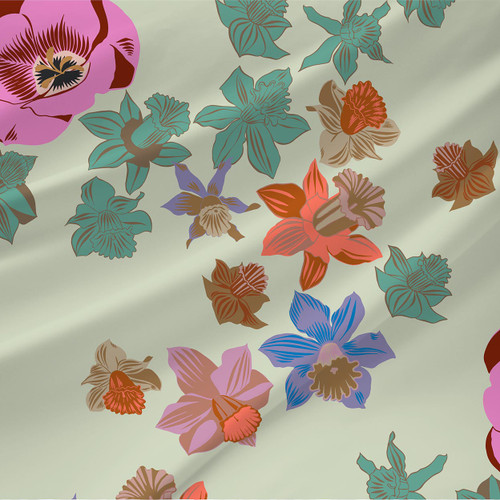 Over the Waves Foam large-scale orchid floral fabric in pink, aqua, coral, and violet on pale seafoam